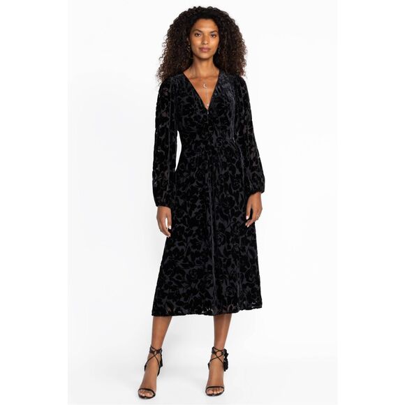 Johnny Was Jade Women’s Black Jacquard Velvet Burnout Silk Blend Wynnter Midi Dr - Picture 15 of 15